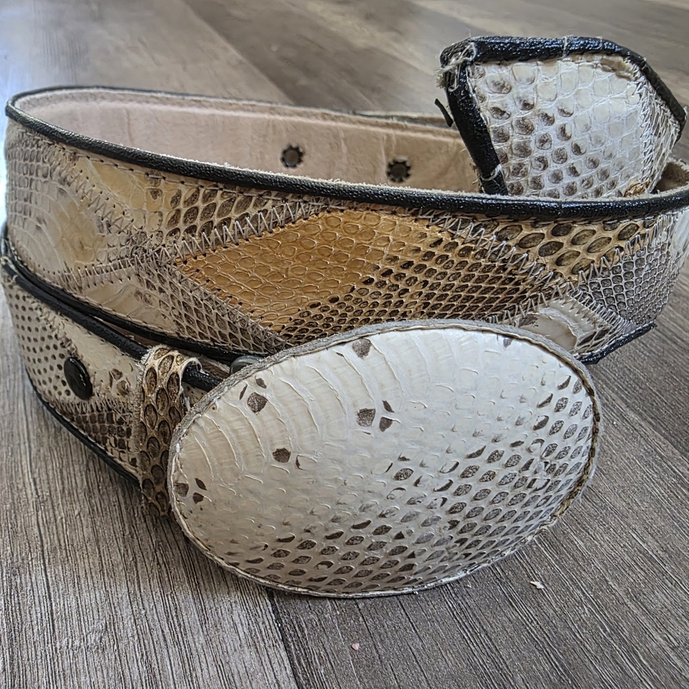 Artisan White and Brown Snakeskin Leather Belt with Oval Buckle